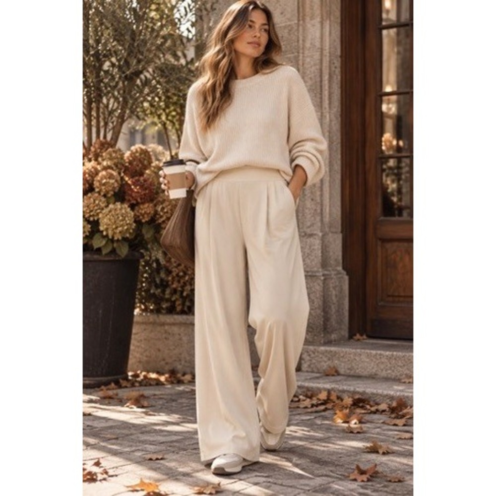 Halara High Waisted Wide Leg Pleated Trousers Beige Cream Size M Regular